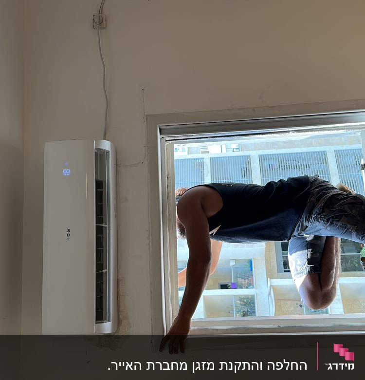 מזגן מותקן על קיר ליד חלון פתוח